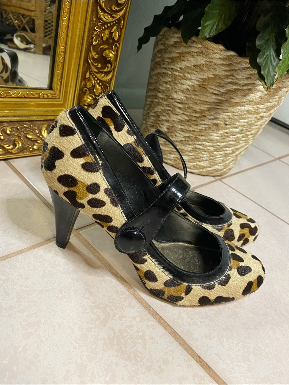 Antonio Melani Leopard Print Mary Jane Flats with Black Patent Trim